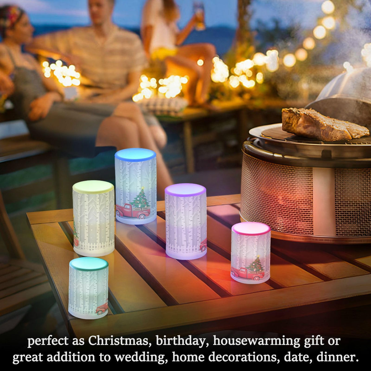 Winter Season with Red Truck Carry Christmas Tree Flickering Flameless Candles Battery Operated with Remote Timer,Tea Light Candles LED Pillar Votive Candles set of 2 for Outdoor Indoor Decorations