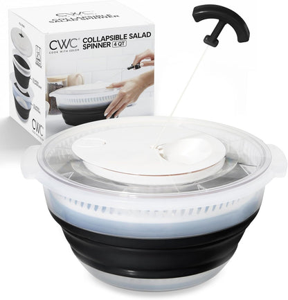 COOK WITH COLOR Collapsible Salad Spinner - 4 QT Space Saving Lettuce Dryer with Folding Collapsible Colander Great for Washing and Drying Fruit and Vegetables (Black)