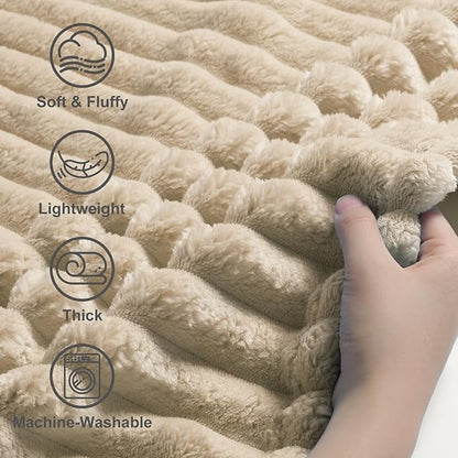 decorUhome Soft Fleece Light Brown Blanket Queen Size for Bed, Cozy Fluffy Plush Flannel Large Striped Throws for Couch Sofa, Lightweight Decorative Fuzzy Blanket for Woman, 90x90 Inches
