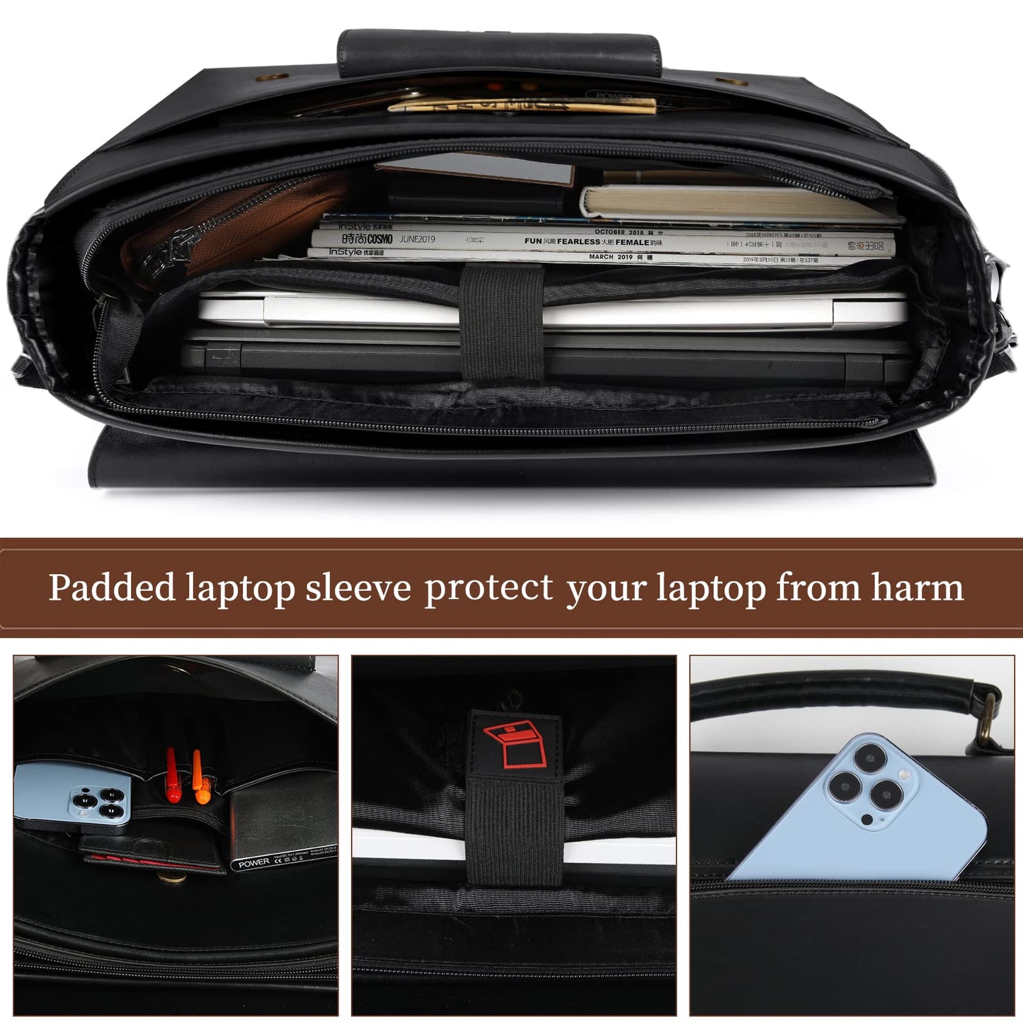 Leather Messenger Bag for Men Women 15.6 Inch Waterproof Vintage Leather Laptop Briefcase Large Satchel Shoulder Bag Office Travel College Computer Laptop Bag, Black