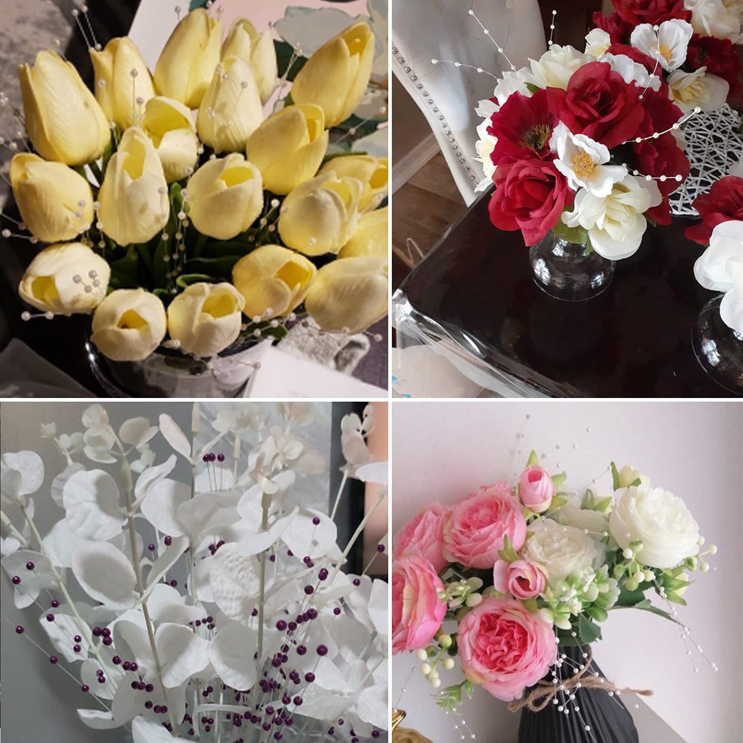 60 Pieces Pearl Stick Stems Bouquets, 4mm Bead String Garland Beaded Spray Filler Floral Arrangements Tree Picks Wedding Party Decoration, Mother's Day Flower Decor, Christmas Tree Picks (White)