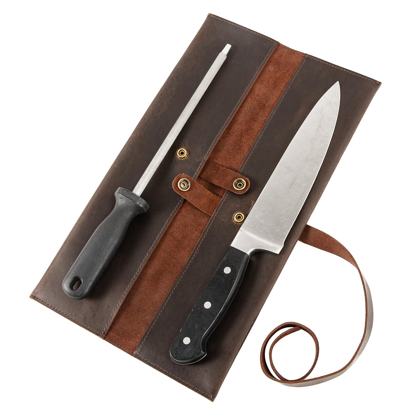 Leather Double Knife Roll for Chefs,Vertical Knife Storage Case,Portable Travel Carry-On Roll Bag,Rectangular Protector Sheath Pouch Organizer for Chef Kitchen Cutlery Knives Accessories,Cooking Tool