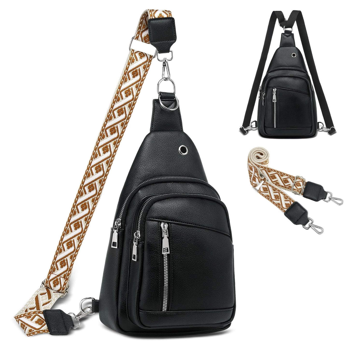 SUIKIHUM Anti Theft Sling Bag, 2 in 1 PU Leather 8.3" Convertible Crossbody Bags, Fanny Pack Backpack with 2 Removable Straps for Hiking Cycling Sport (Black)