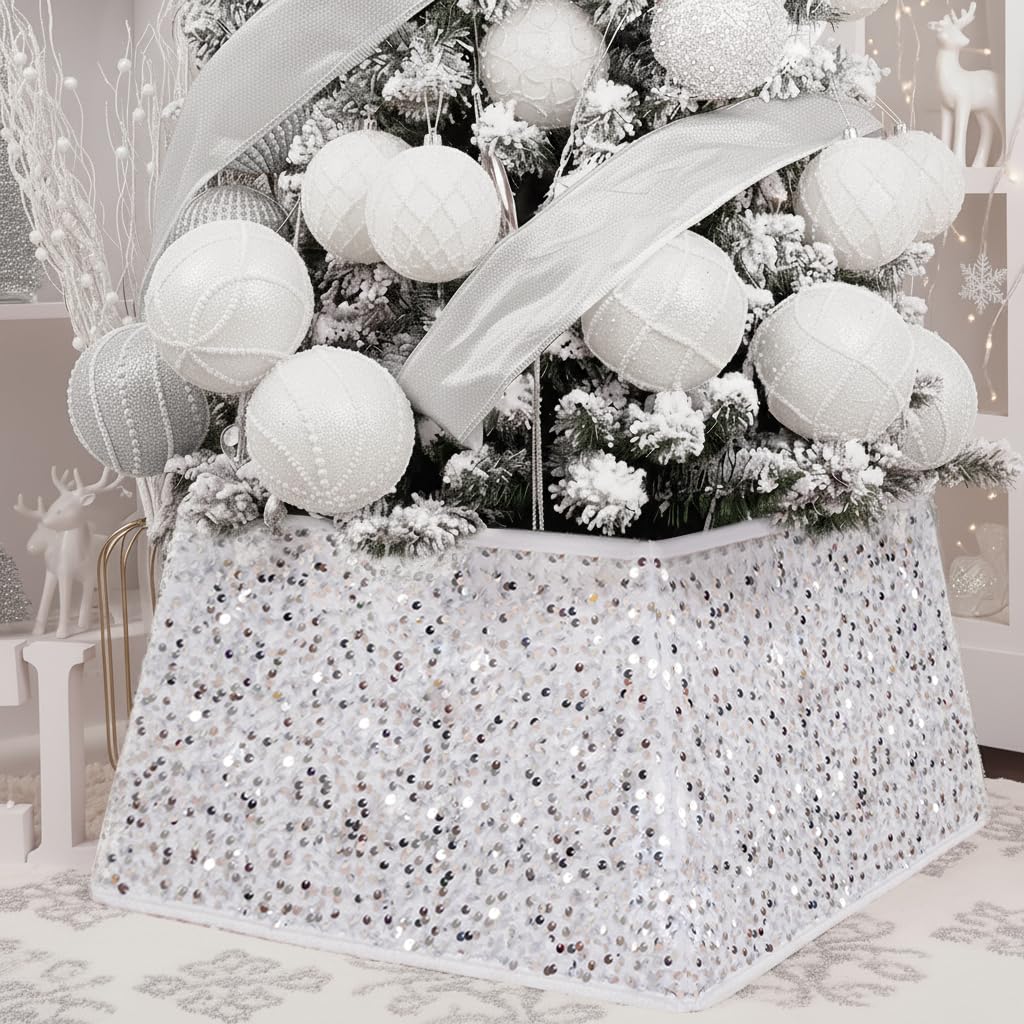 XmasExp Christmas Tree Collar, 24 inch Sequin Tree Skirt Stand Base Cover for Home Decor, Medium Size 4 Piece, White