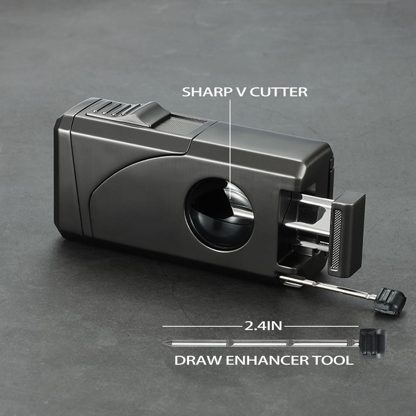 All in One Triple Jet Flame Butane Torch Lighter Built-in Cutter, Cutter V Cut, Punch, Holder Function, Draw Enhancer Tool, Refillable Windproof Gas Lighter, Mens Gifts. Grey(Sold Without Gas) ﻿