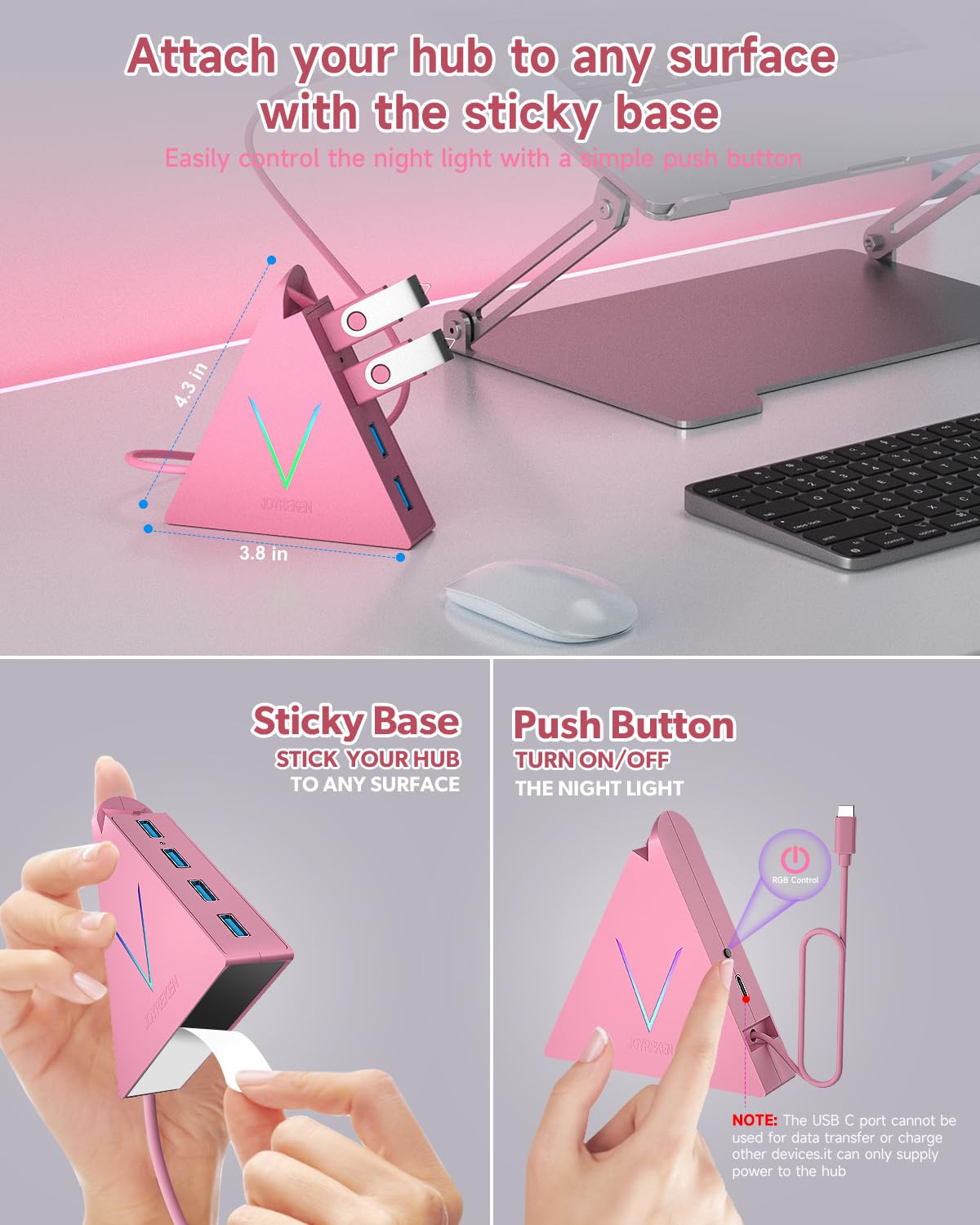 4-Port USB 3.0 Hub, FlyingVHUB Vertical Data USB Hub with 2 ft Extended Cable, for Mac, PC, Xbox One, PS4, PS5, iMac, Surface Pro, XPS, Laptop, Desktop, Flash Drive, Mobile HDD(Pink)