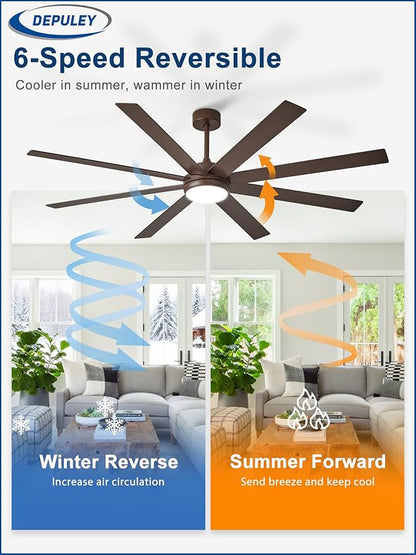 Depuley 72" Ceiling Fans with Lights: Large Indoor/Outdoor Ceiling Fan for Patios Living Room - 8 Blades Brown Dimmable Ceiling Fans with Remote APP Control Timer Reversible Quiet DC Motor 6 Speeds