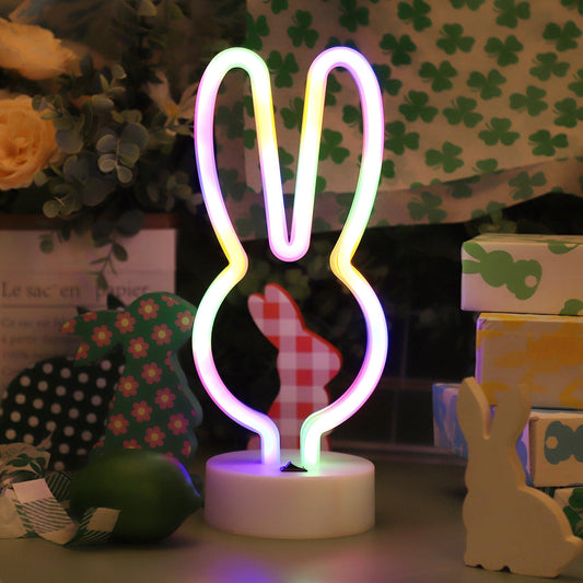 Welpurch Bunny Shape LED Neon Signs, Colorful Rainbow Rabbit Neon Lights USB/Battery Powered Night Lights with Base, Cute Rabbit Head Neon Lamp for Easter Table Art Decoration (Colorful)