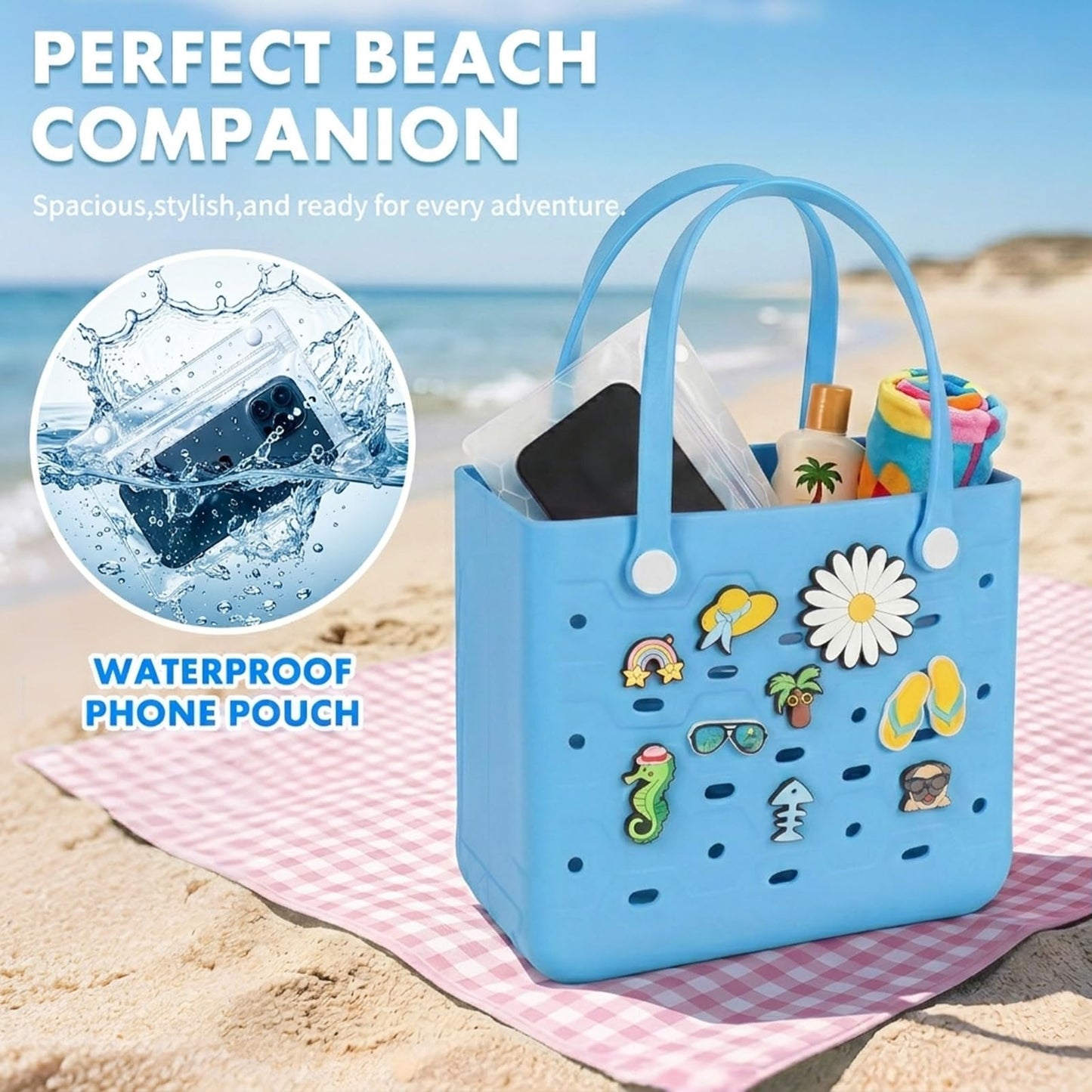 Barelove Beach Bag for Women – Lightweight & Water-resistant Rubber Tote, No More Sand Mess – Ideal for Pool, Cruise, Summer Vacation (Blue)