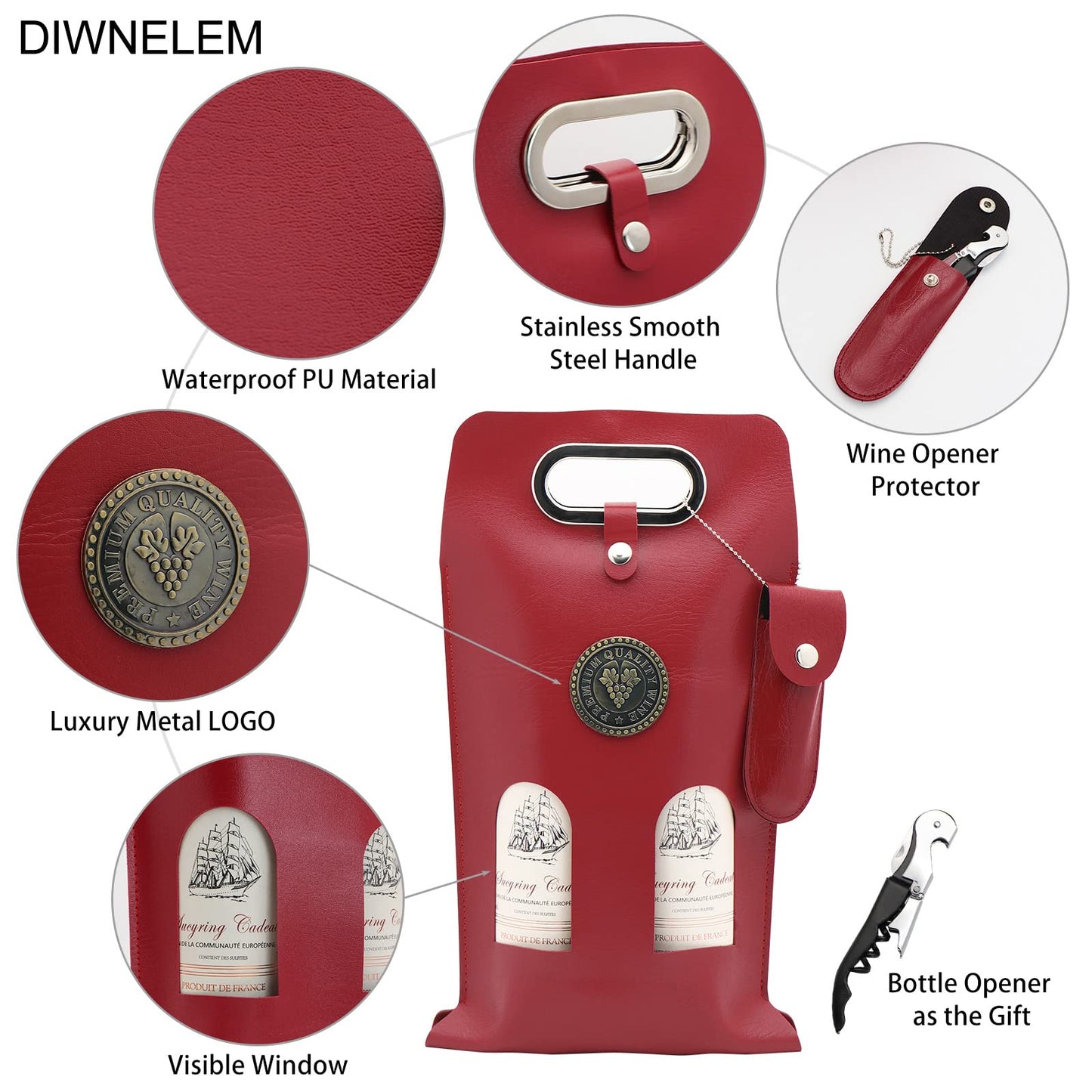 DIWNELEM Leather Wine Bag Leather Wine Gift Bags with Wine Opener Wine Tote Carrier Bag Champagne Beer Bottle Bags for Wedding, Birthday,Travel, Wine Tasting Parties,Christmas-Red 2 Bottles
