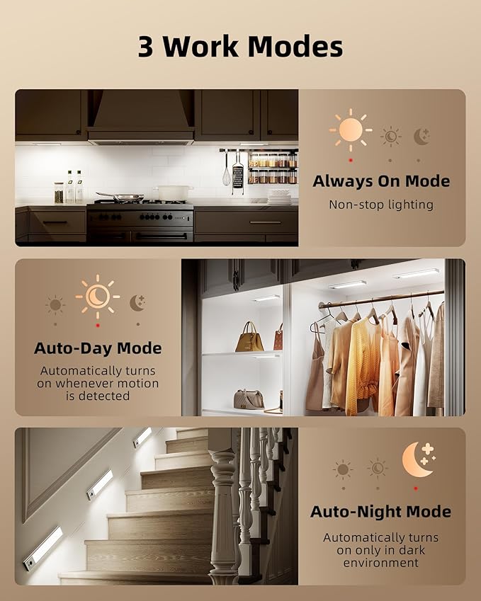 EZVALO 3 Pack Under Cabinet Lighting, 3200mAh Rechargeable Motion Sensor Light, 12inch Magnetic Closet Lights with Dimmable & 3 Color Temps, Wireless Motion Activated Lights with Remote for Kitchen