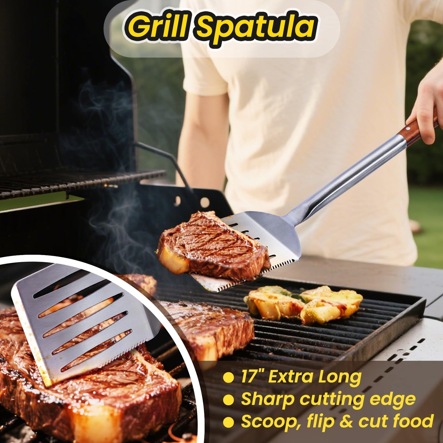 4PCS Grilling Accessories Rose Wooden BBQ Grilling Tools Set, Heavy Duty Stainless Steel Barbecue Grill Tools Kit with Spatula, Clips, Brushes, Forks for Outdoor Grill, BBQ Gift for Men and Women