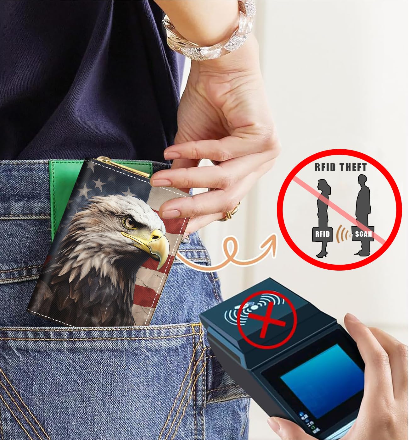 TBXOSTN Small Credit Card Holder Wallets for Women, RFID Blocking Slim Leather Card Case Wallet with Zipper Accordion Wallets, Patriotic American Flag Bald Eagle