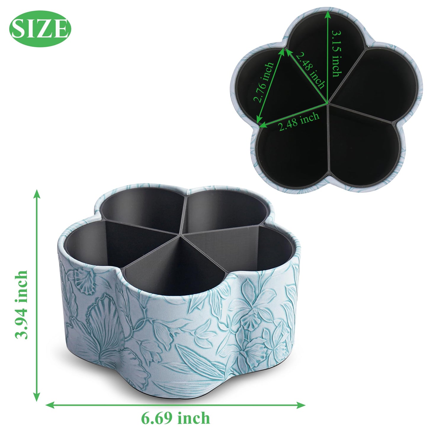 Lvkjafaz Flower Shaped Leather Art Supply Organizer,Remote Control Holder,360 Degree Spinning,Multi-Functional Pencil Holder,5 Compartments Desktop Stationary Organizer(1-Flower Blue)