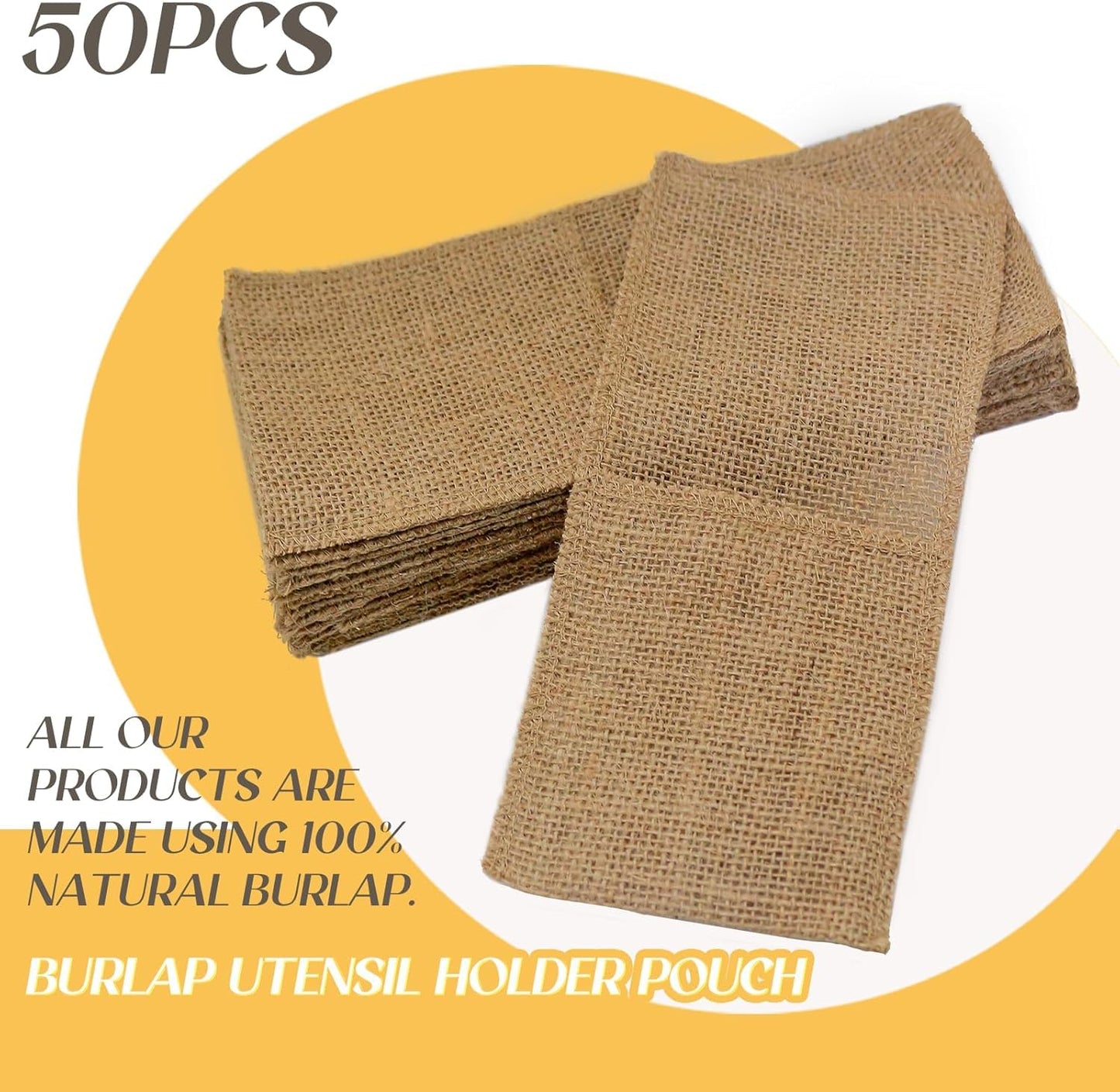 FQTANJU 50 Pcs Burlap Utensils Holders, 4"x8.8" Natural Jute Cutlery Pouch Silverware Holder Knives Forks Spoon Napkin Bag for Rustic Wedding Party Decorations favors