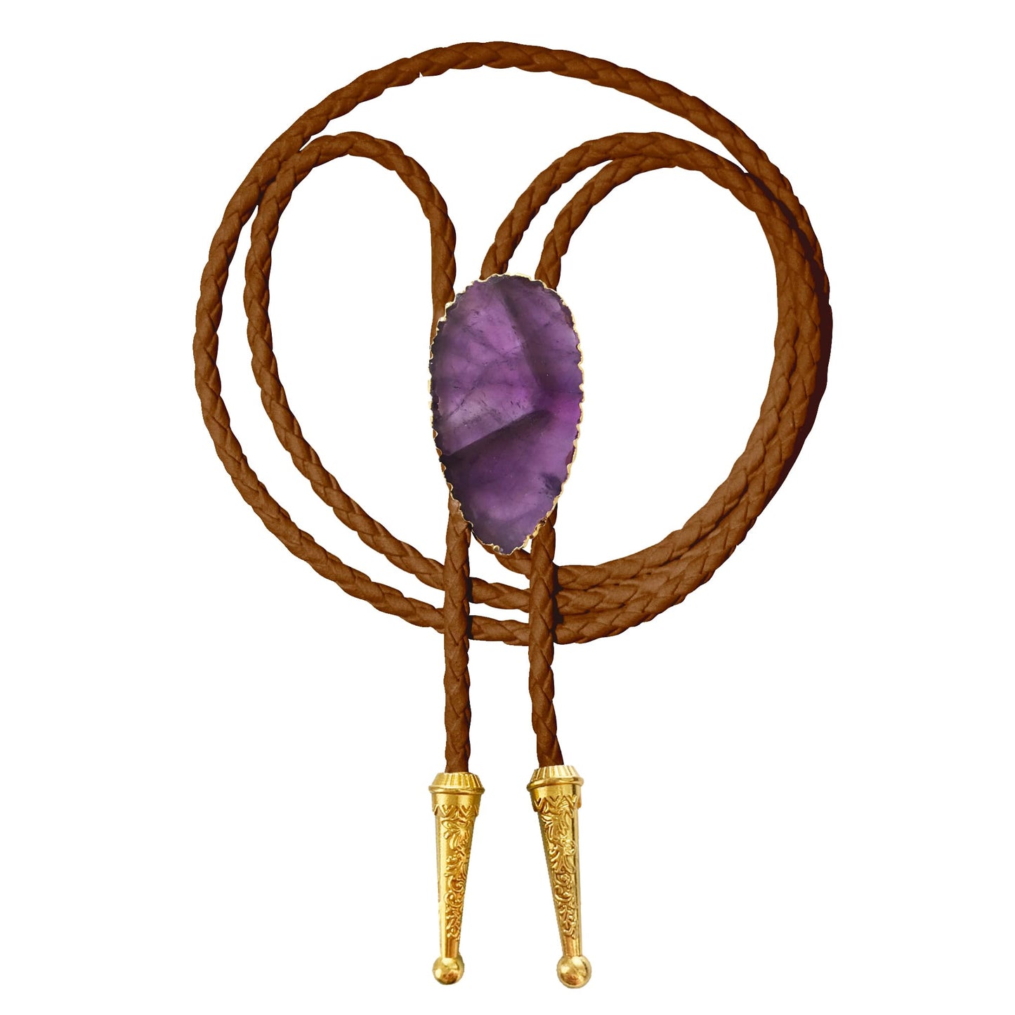 Daisy Del Sol Gemstone Bolo Tie Braided Vegan Faux Leather Natural Stone Gold Handmade Necklace Adjustable Boho Western Jewelry (Brown, Amethyst)