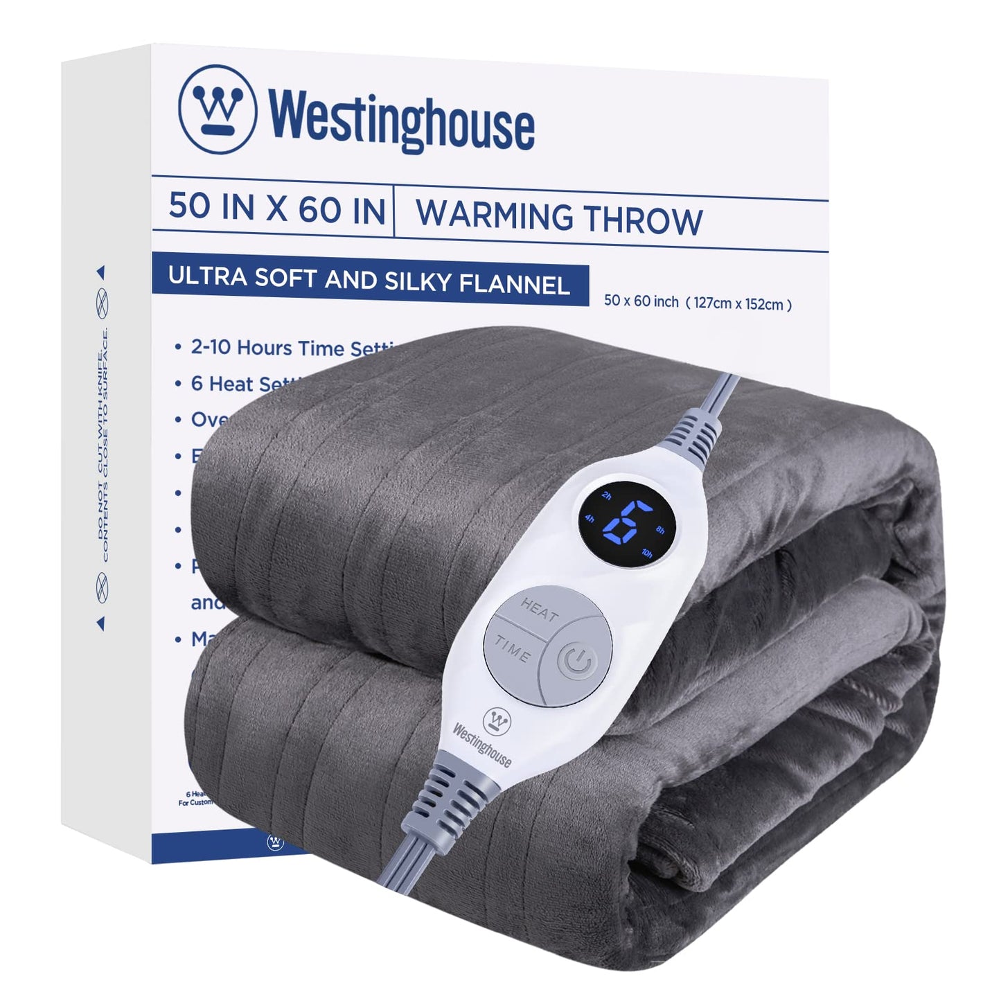 Westinghouse Electric Blanket Heated Throw, Super Cozy Soft Flannel 50"" x 60"" Heated Throw with 6 Fast Heating Levels & 2-10 Auto-Off, Machine Washable, ETL&FCC Certification, Navy Blue