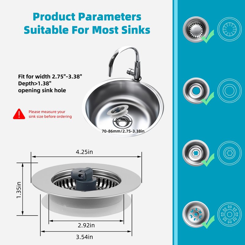 Hibbent 2 Pack 3 in 1 Kitchen Sink Drain Strainer, Stainless Steel Wrapped Shell Drain Stopper Combo, Pop Up Sink Stopper, Anti-Clogging Strainer with Foldable Handle for US Standard 3-1/2" Drain