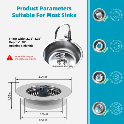 Hibbent 2 Pack 3 in 1 Kitchen Sink Drain Strainer, Stainless Steel Wrapped Shell Drain Stopper Combo, Pop Up Sink Stopper, Anti-Clogging Strainer with Foldable Handle for US Standard 3-1/2" Drain