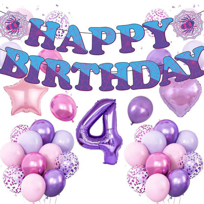 37pcs Ghost Spider 4th Birthday Decorations-Purple Number 4 Balloon,Happy Birthday Banner,Pink/Purple Balloons,Ghost Spider Theme Birthday Decor for 4 Year Old Girl Friends HB Party