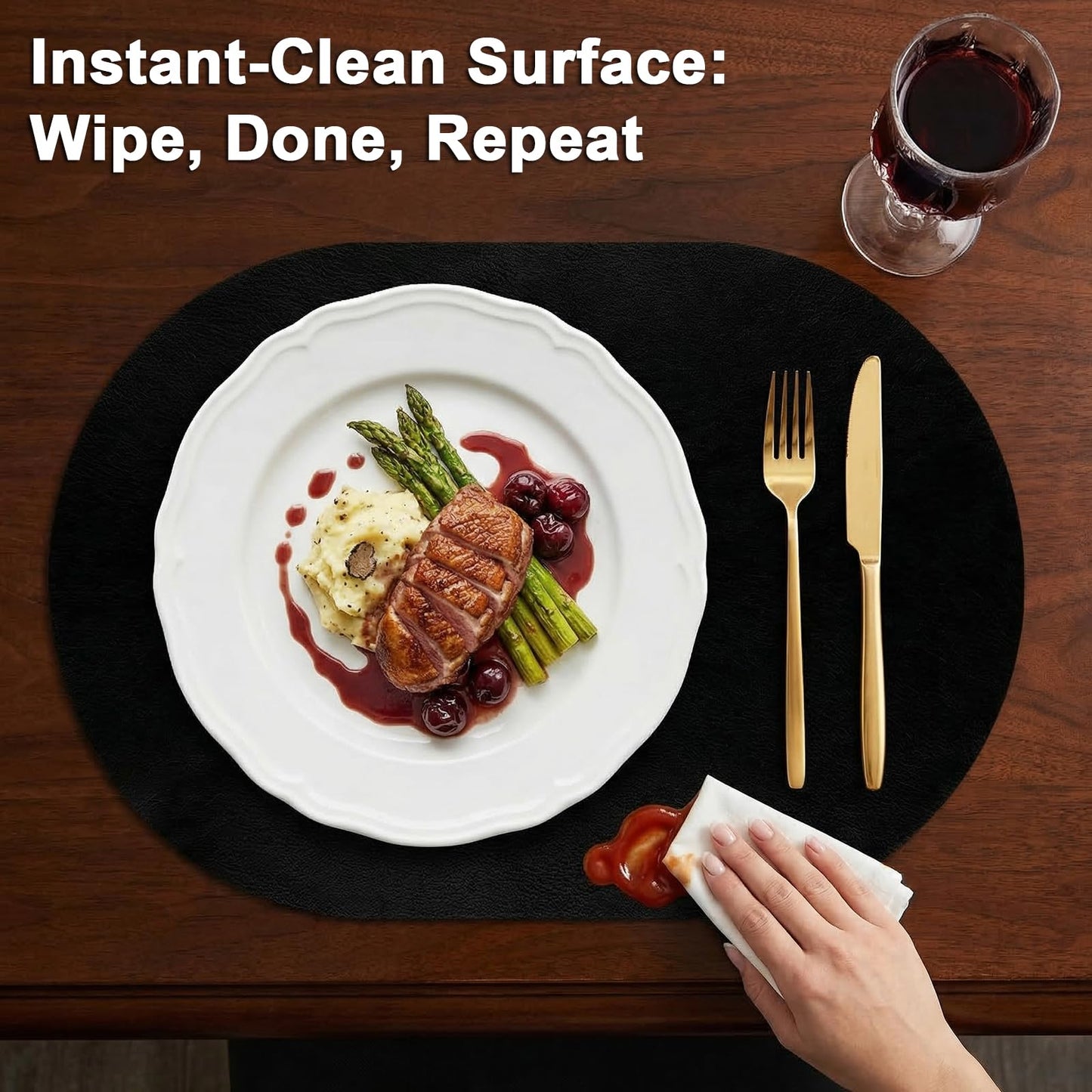 BIPASION Oval Placemats 2mm Ultra Thick Faux Leather Table Mats, Heat Resistant Waterproof Wipeable Dining Mats for Kitchen Table, Set of 8, Black
