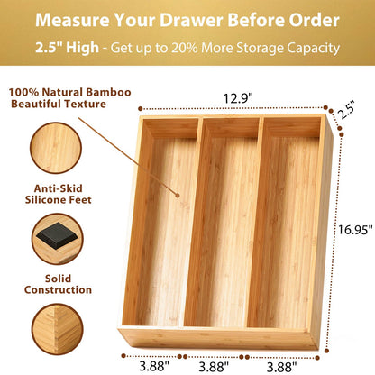 Umilife Bamboo Kitchen Drawer Organizer, 13 Inch Silverware Utensil Tray Holder, Extra Deep Grooved Drawer Divider, 7 Slots Total Bamboo Wood Caddy for Flatware Cutlery Knives, Forks, Spoons