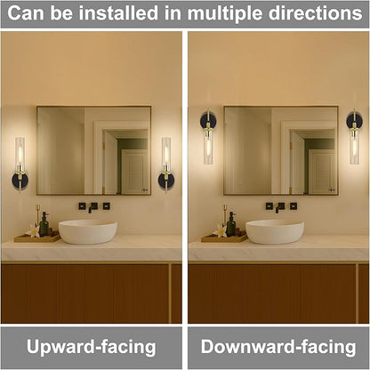 Black and Gold Bathroom Light Fixtures Over Mirror, Wall Sconces Set of 2 with Knurled Texture, Modern Industrial Vanity Lights with Clear Glass Tube Shade, Matte Black and Gold Wall Lamps for Bedroom