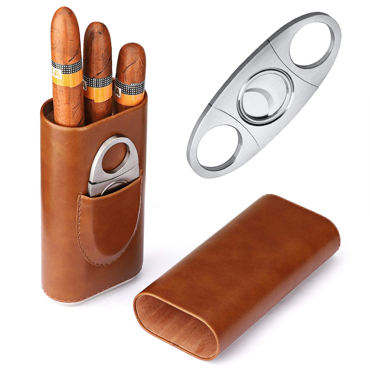 Time C club M Cigar Case Travel 3- Finger Elegant Leather Cigar Case with Cedar Wood Lined Cigar Cutter