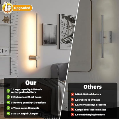 Battery Operated Wall Sconces with Remote, Dimmable 3000K-6000K/Timer/Memory LED Wall Lamp, 350°Rotate, USB Rechargeable Wireless wall lights for Living Room, Bedroom Brushed Nickel 23.6" (2 Pack)