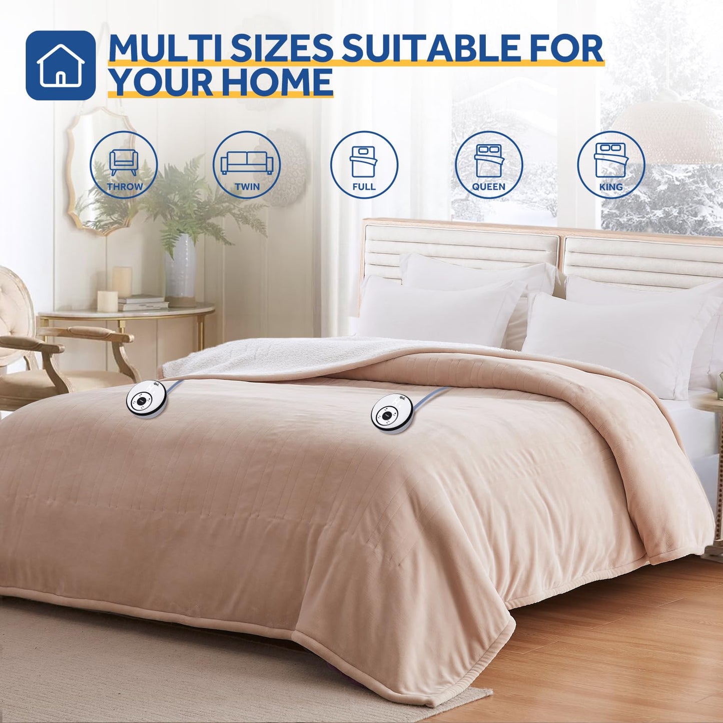 Sealy Electric Blanket Throw Size 50"*60",Super Cozy Flannel to Sherpa Reversible Heated Blanket Throw with 6 Heating Levels & 2-10 Hours Auto Off Overheating Protection Machine Washable,Beige