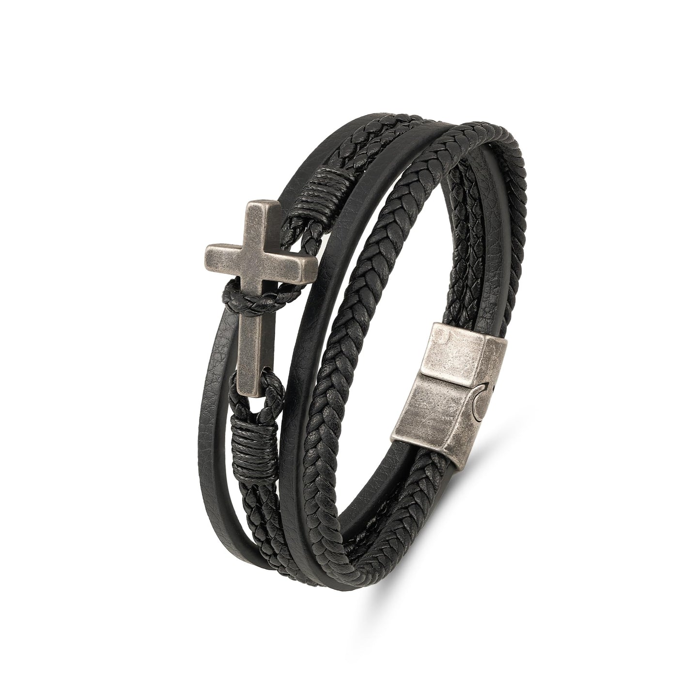 Mrcaois Retro Black Leather Bracelet Men, Vintage Cross Charm Bracelets - Genuine Leather Woven Strap for Graduation - Black, 8.3 Inch
