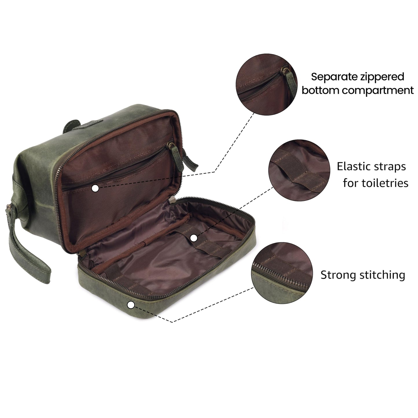 LEATHER VILLAGE Genuine Leather Dopp Kit – Large Travel Toiletry Bag with Waterproof Lining, Dual-Zip Design for Men & Women, Organizer for Shaving, Makeup & Essentials - Olive