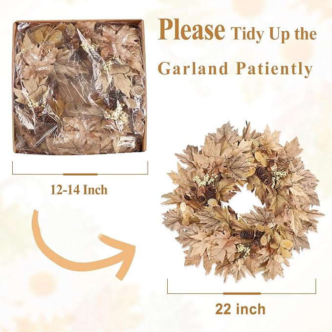 22 Inch Fall Wreaths for Front Door Outside Timer Function Pinecones Berries Autumn Fall Wreaths with 30 Warm Lights Home Porch Door Yard Harvest Mantle Window Decor
