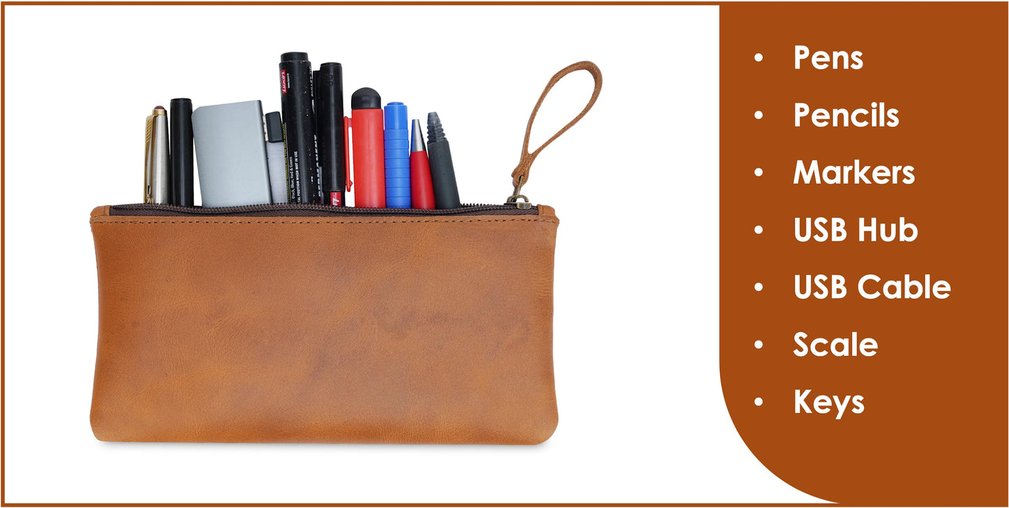 TheAntiq Leather Pencil Pouch, Currency Pouch, Leather Pencil Case, Zippered Pouch Paper Money, Pen Case, Pen and Marker Case, Pencil Case For Artists & Professionals (Tan)