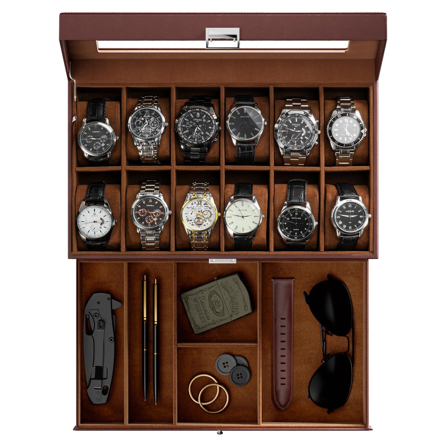 ProCase Watch Box, Fathers Day Gift for Dad, 12 Slot Mens Watch Case With Drawer, 2-Layer Watch Display Case With Glass Lid, Mens Jewelry Box Storage Holder Organizer -12Slot, Espresso