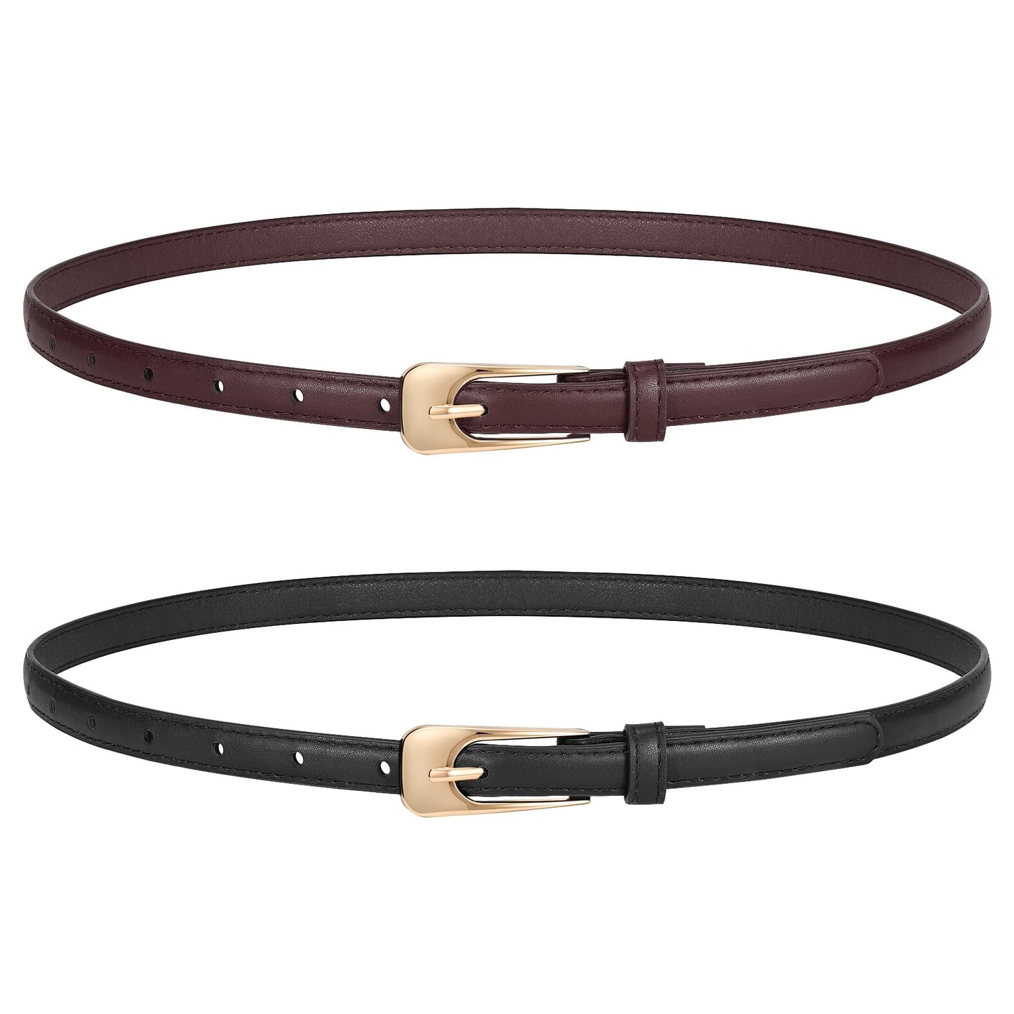 LEACOOLKEY 2 Pack Women Thin Leather Belts Ladies Skinny Waist Belt for Dresses Jeans 0.55" Width