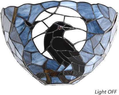 Bieye L10958 Raven Sitting on Tree Branch Against Full Moon Tiffany Style Stained Glass Wall Sconces Light Fixture for Home Decor
