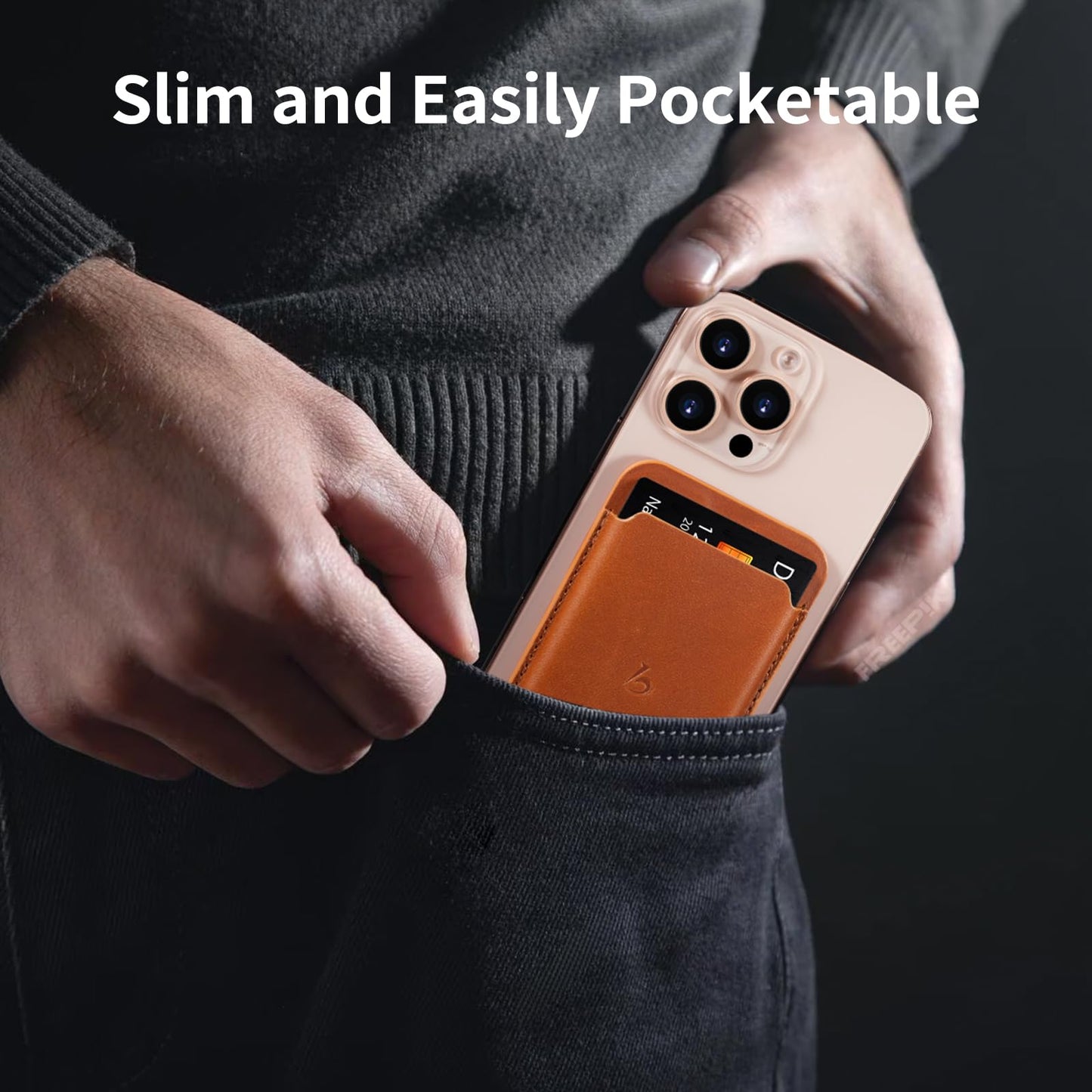 Belemay Strong Magnetic Wallet Compatible with Magsafe, Luxury Minimal Card Holder for 1-2 Cards, Premium Full-grain Smooth Leather Compatible with iPhone 17/16/15/14/13/12 series&MagSafe cases, Brown