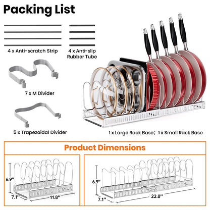 MUDEELA Pots and Pans Organizer Rack for under Cabinet, Expandable 11.81''-22.85'' Pot Lid Kitchen Cabinet Organizer Holder with 10 Adjustable Compartment Cutting Board Organizer for Pan Lid, Bakeware