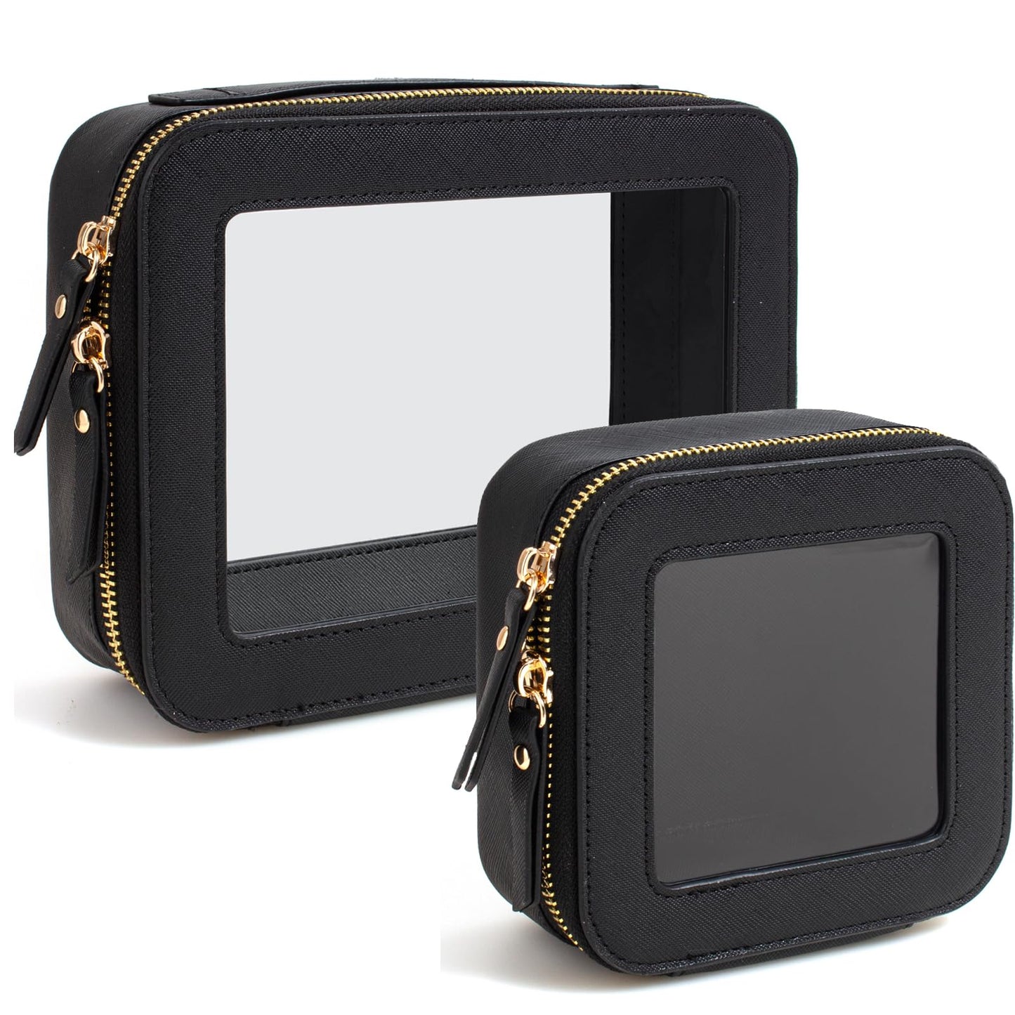 KOTORA Clear Makeup Bag Organizer Set,Portable Travel Toiletry Case for Women, Vegan Leather Cosmetic Pouch Car Bag for Essentials Car Make Up Bag Organizer Storage Traveling (Black)