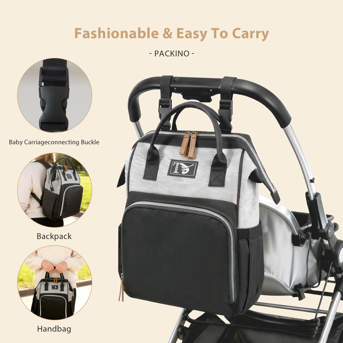 Packino Diaper Bag Backpack for Women - Multifunction Travel Essentials Baby Diaper Bag with Changing Pad, Large Backpack Baby Girl Boy, Insulated Bottle Holders & Stroller Straps (Black+Gray)