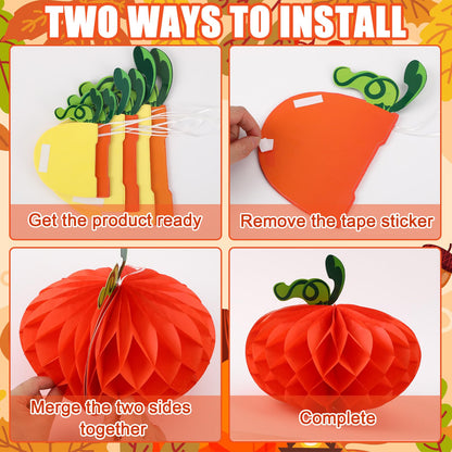 BOARDFEB 15PCS Pumpkin Honeycomb Decorations, Orange Red Yellow Honeycomb Fall Hanging Ornaments for Autumn Thanksgiving Party Favor Supplies