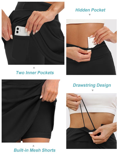 LouKeith 19" Knee Length Skorts Skirts for Women Tennis Skirts Athletic Golf Skorts Casual Workout Skirt with Shorts Pockets Black XL