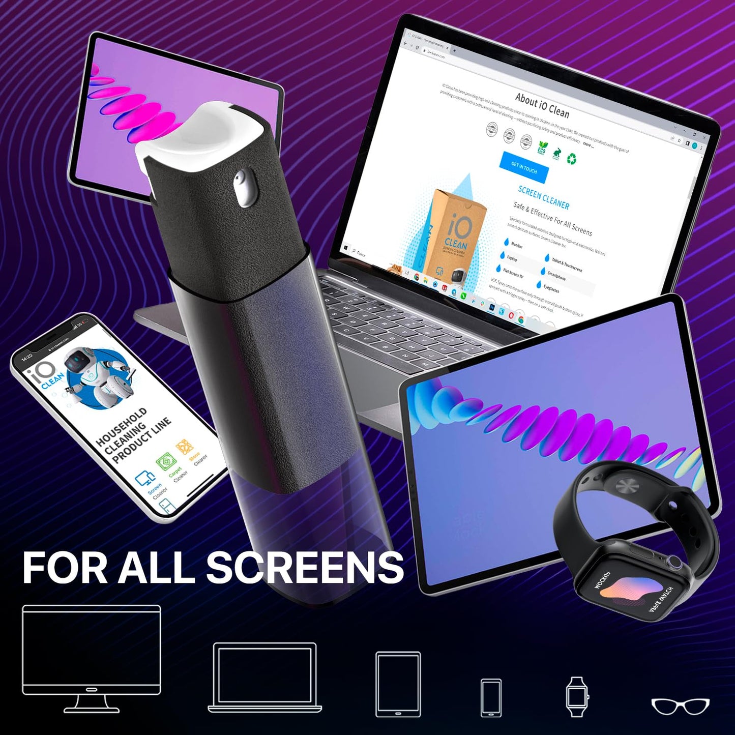 Mini Screen Cleaner Spray – Finger Proof Screen Cleaner for Smartphones, iPads, MacBooks, Laptops, Car Screens, Touchscreens – 3 in1 Mist Cleaner, Microfiber Cloth and Protective Cover (Grey)