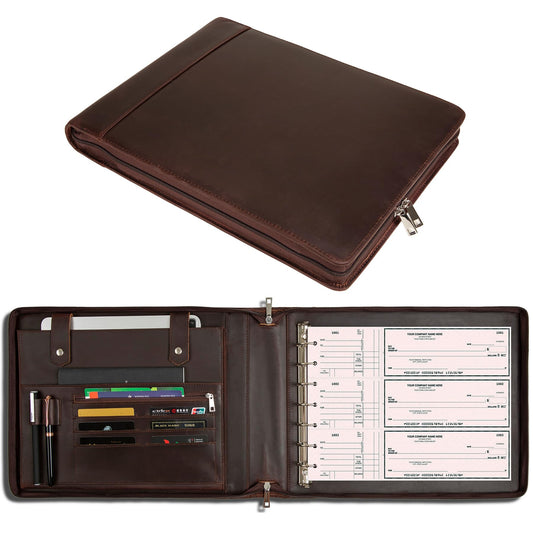 GZRHKJ Genuine Leather Business Check Binder, 7 Ring Checkbook Binder for Business Checks, Personalized Engraved Checkbooks, 600 Checks Capacity for 9 × 13 Inch Sheet (Dark Brown)