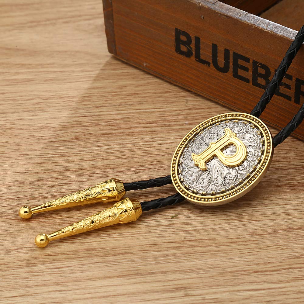 HOEACXY Initial Bolo Tie for Men Leather Cowboy Necktie Letter P Name Bola Accessories Personalized Gift for Him
