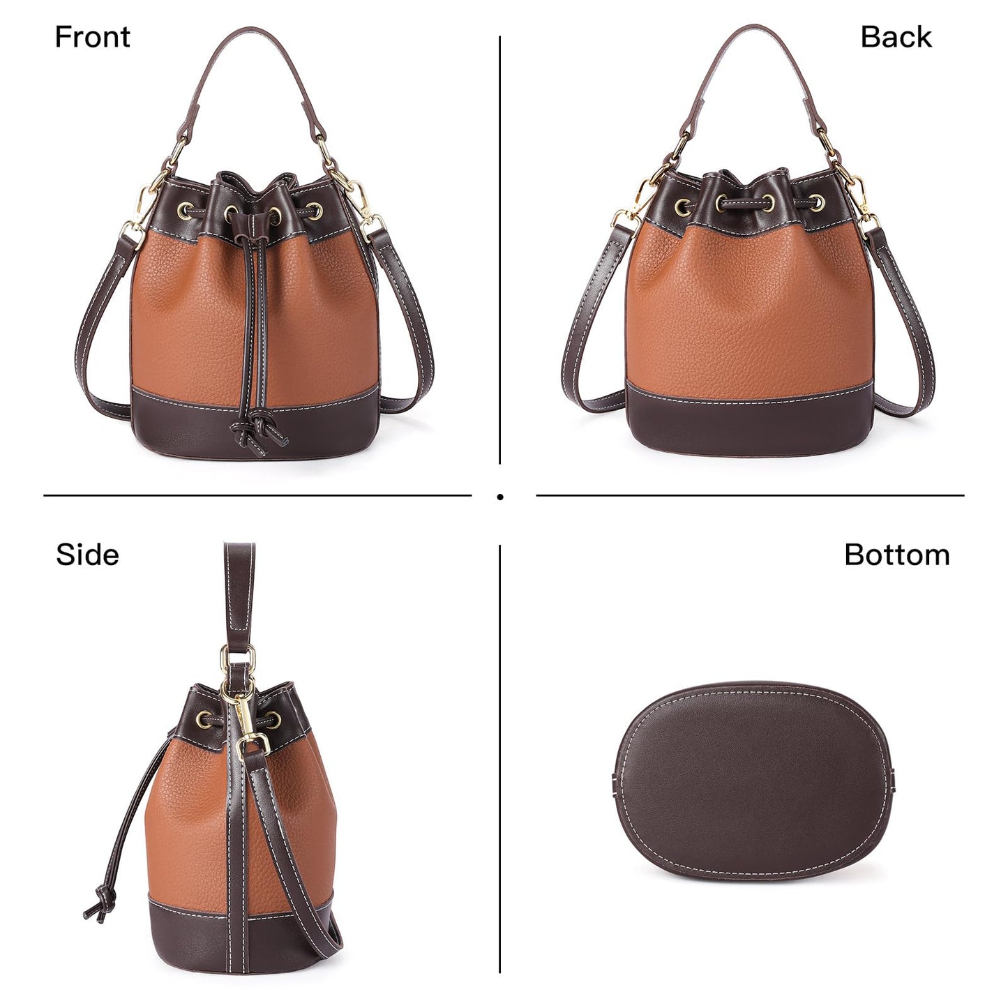 FALAN MULE Small Bucket Bag for Women Vegan Leather Drawstring Crossbody Purse Top Handle Hobo Handbags (Brown)