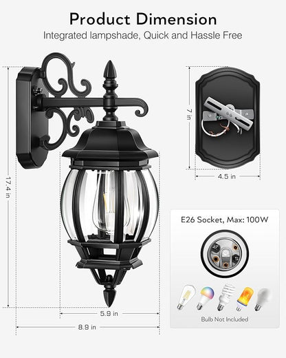 VIANIS Exterior Lighting Fixtures for House, Black Dusk to Dawn Front Porch Light Wall Mount with Tempered Bevel Glass, 100% Aluminum Waterproof Outdoor Wall Sconce Lantern for Garage Patio, Anti-Rust