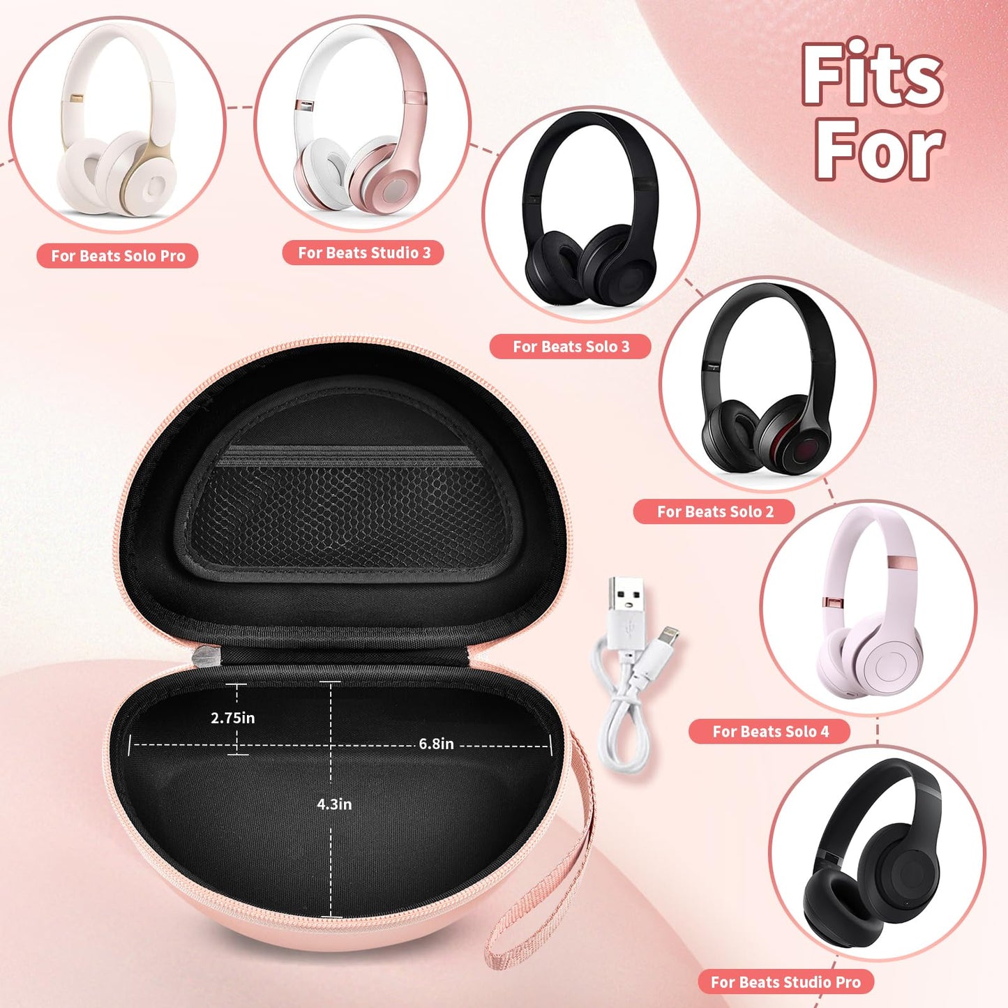 COMECASE Hard Headphone Case for Beats Solo 4, Studio Pro, Solo 3, Solo 2 (CASE ONLY) - Upgraded Crush-Proof EVA Protection for Travel, Fits Foldable Headphones with Mesh Pocket, Rose Gold