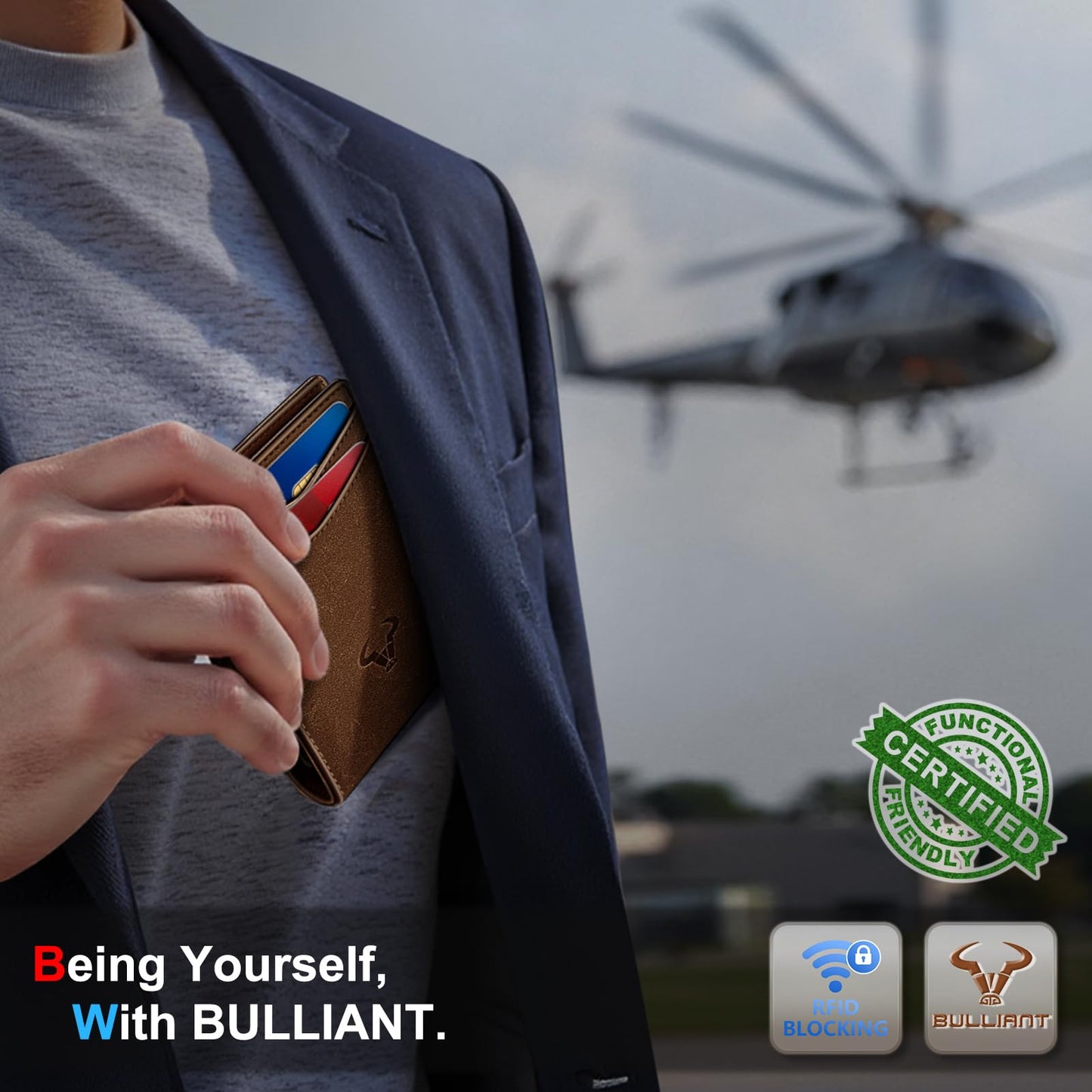 BULLIANT Men Full Grain Leather Wallet, Slim Magnetic Front Pocket Wallet 10Cards, RFID Blocking 4.2" x3”